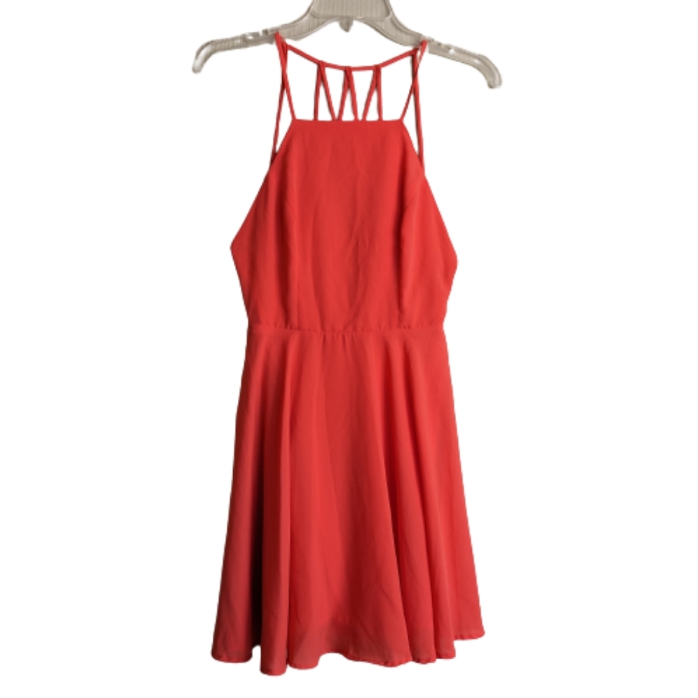 Lulu's Skater Dress Strappy Coral Orange Chiffon Flowy Size XS